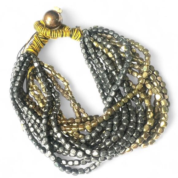 Multi-Strand Seed Bead Metal Bracelet Wrap Layered Beaded Silver Gold Two Tone - Picture 1 of 3